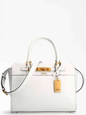 GUESS White Croc Embossed Satchel Bag Gold Hardware Structured Crossbody